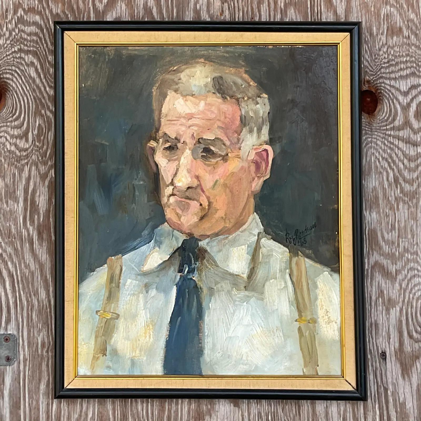 Fantastic vintage MCM original oil portrait. An intriguing composition of a distinguished gentleman. Beautiful painterly texture. Signed and dated 1963. Acquired from a Palm Beach estate.