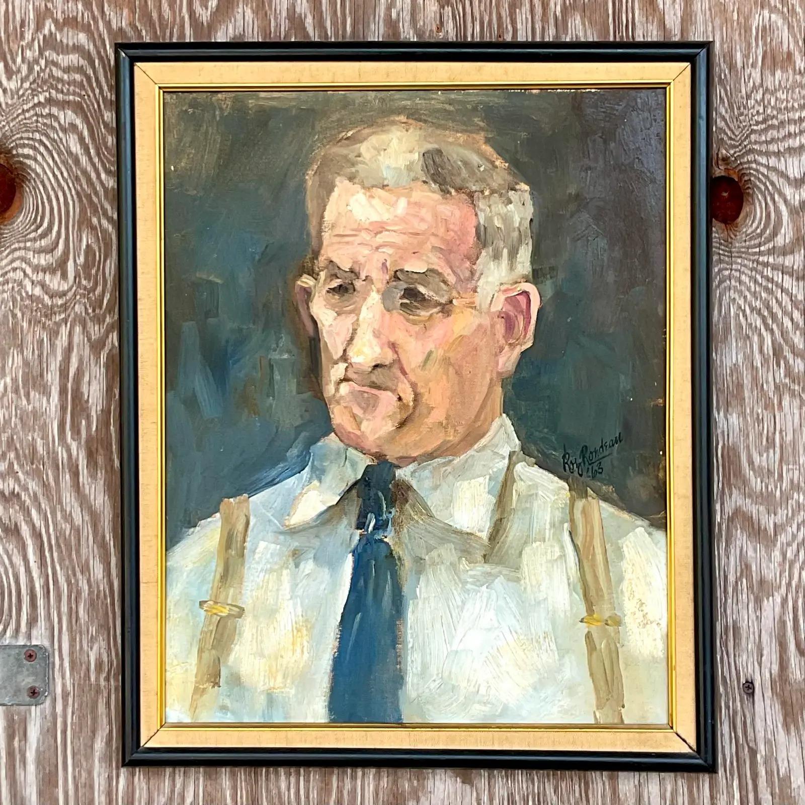 Vintage MCM Signed Original Oil Portrait In Good Condition For Sale In west palm beach, FL