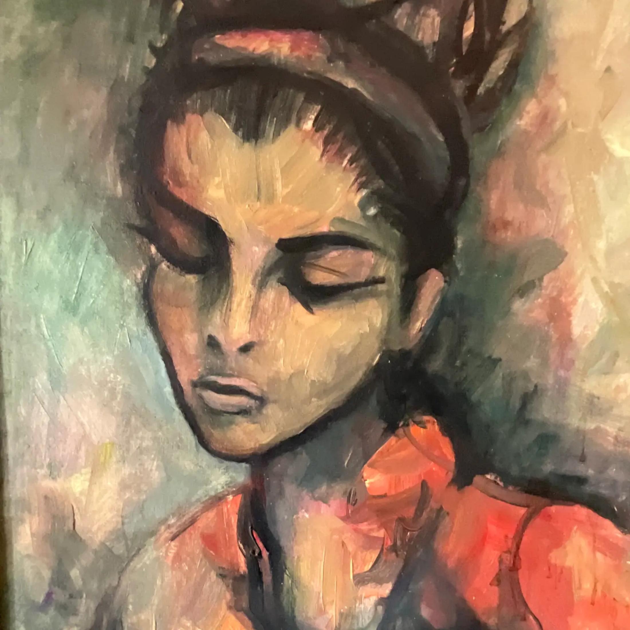 A fantastic vintage MCM original oil painting on canvas. A chic portrait of a beautiful young lady. Signed by the artist. Acquired from a Palm Beach estate