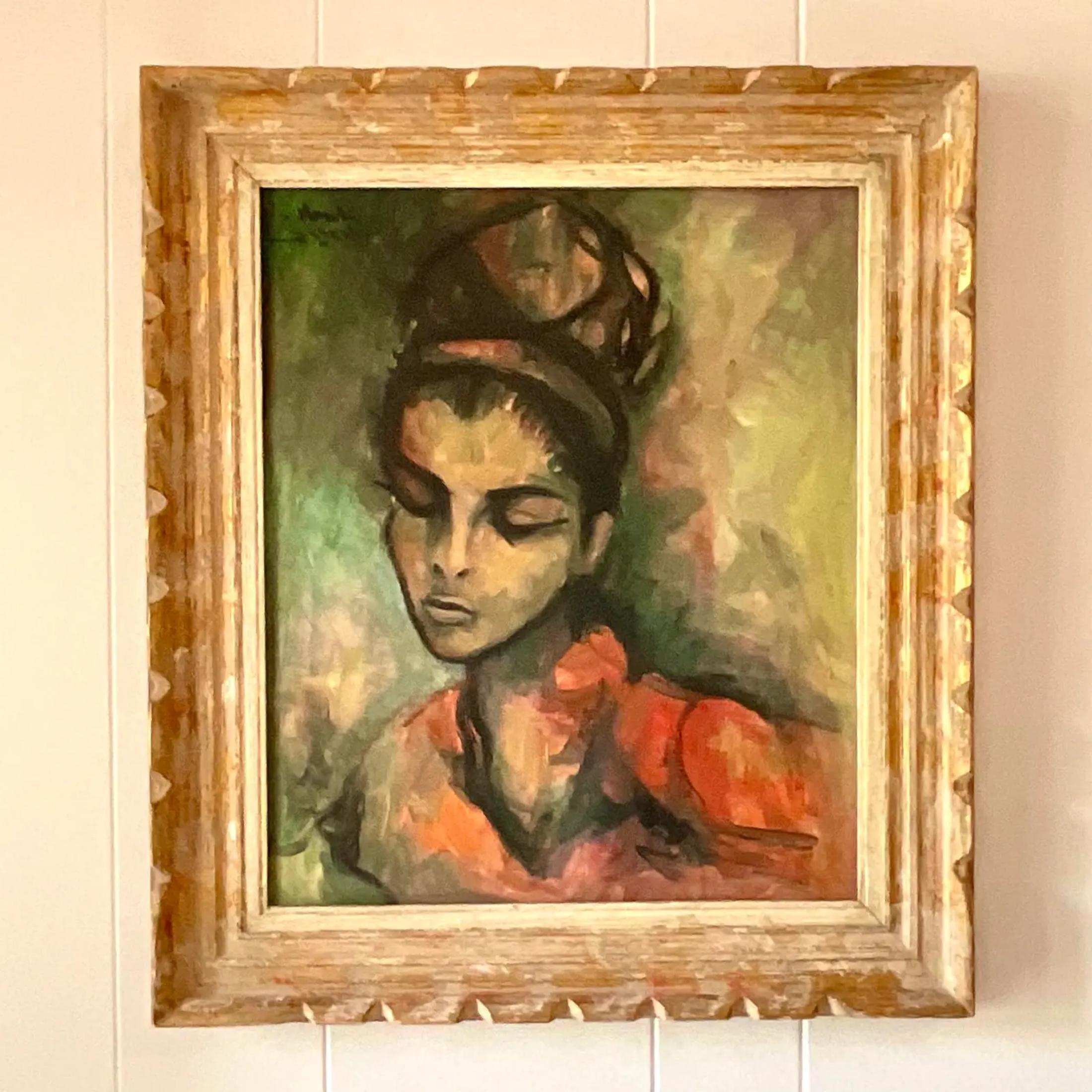 Mid-Century Modern Vintage MCM Signed Original Oil Portrait of Lady For Sale