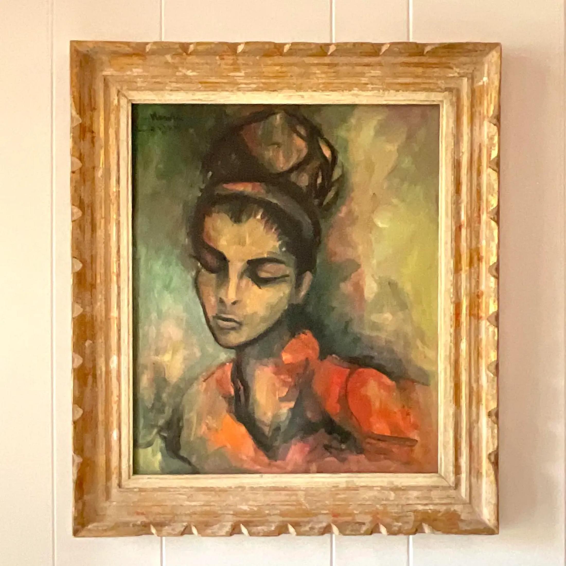 Vintage MCM Signed Original Oil Portrait of Lady In Good Condition For Sale In west palm beach, FL