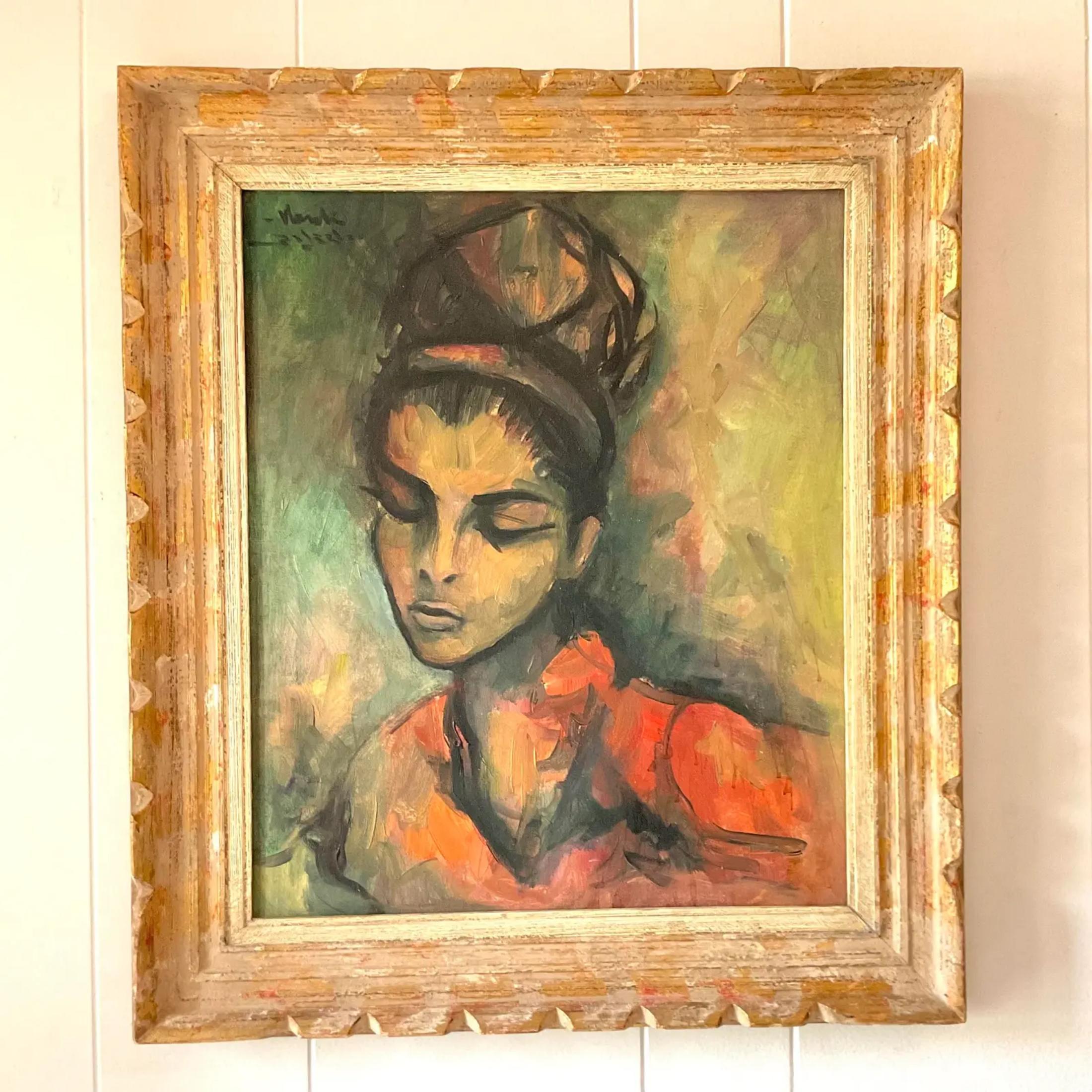 Vintage MCM Signed Original Oil Portrait of Lady For Sale 1