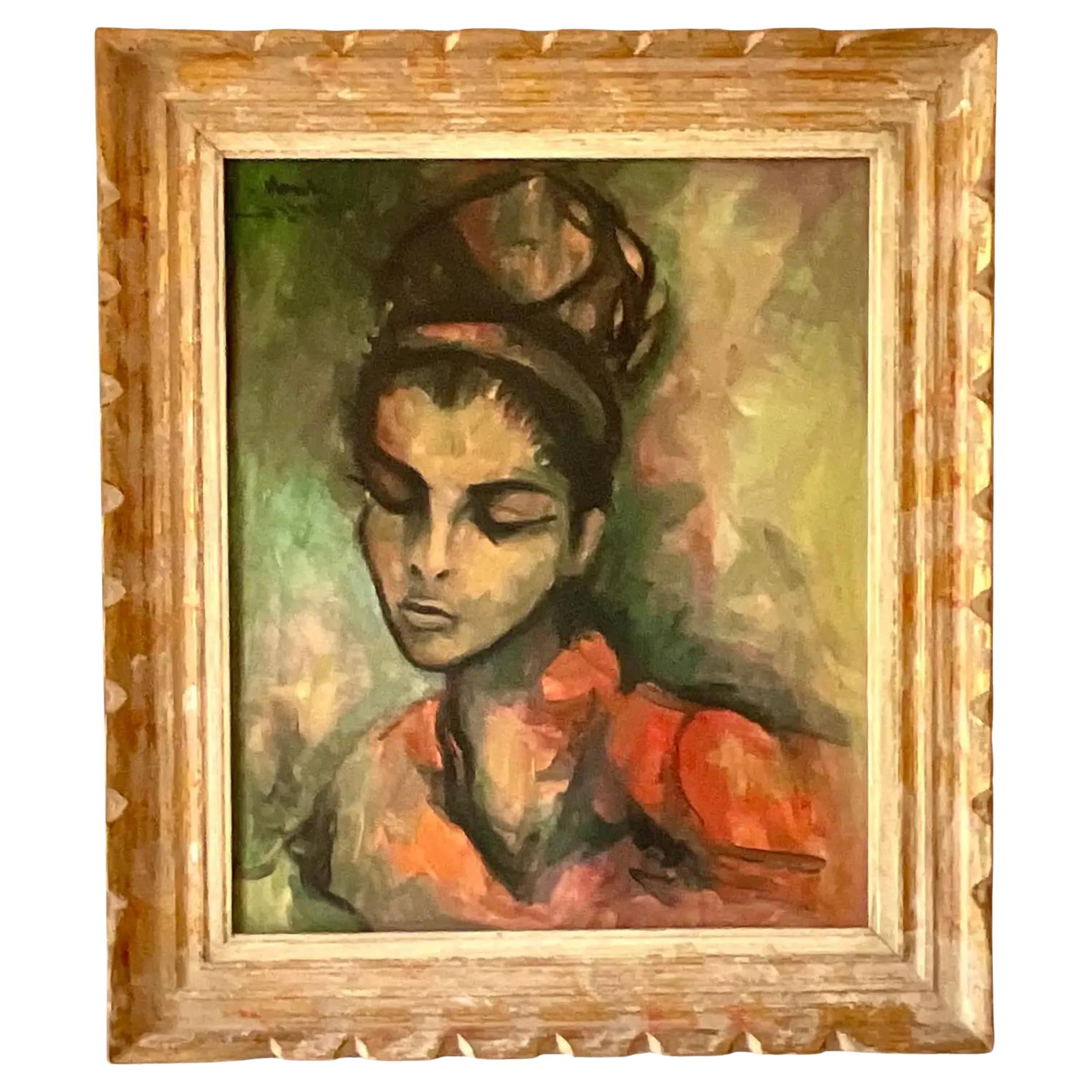 Vintage MCM Signed Original Oil Portrait of Lady For Sale
