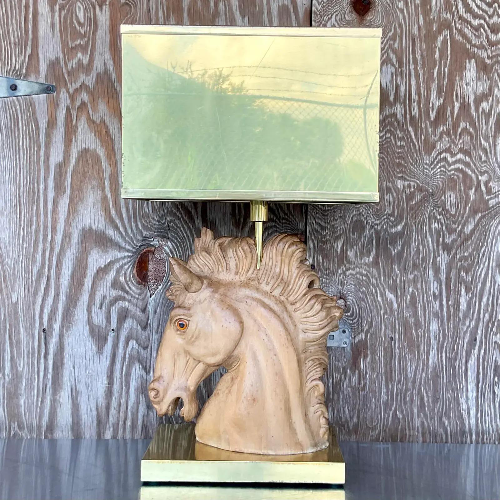 Vintage MCM Signed Wooden Horse Lamp With Brass Shade 1