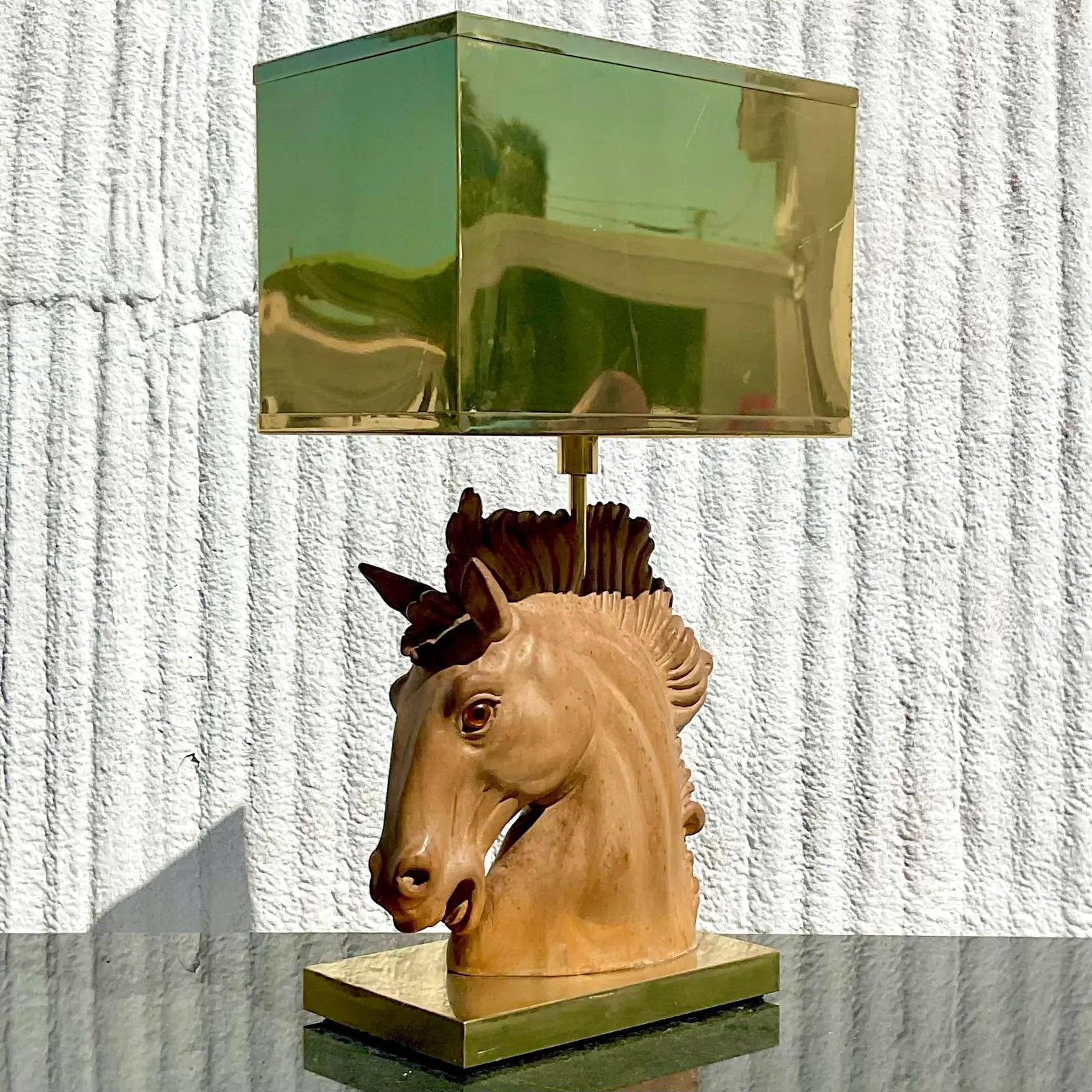 Vintage MCM Signed Wooden Horse Lamp With Brass Shade 2
