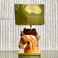 Vintage MCM Signed Wooden Horse Lamp With Brass Shade