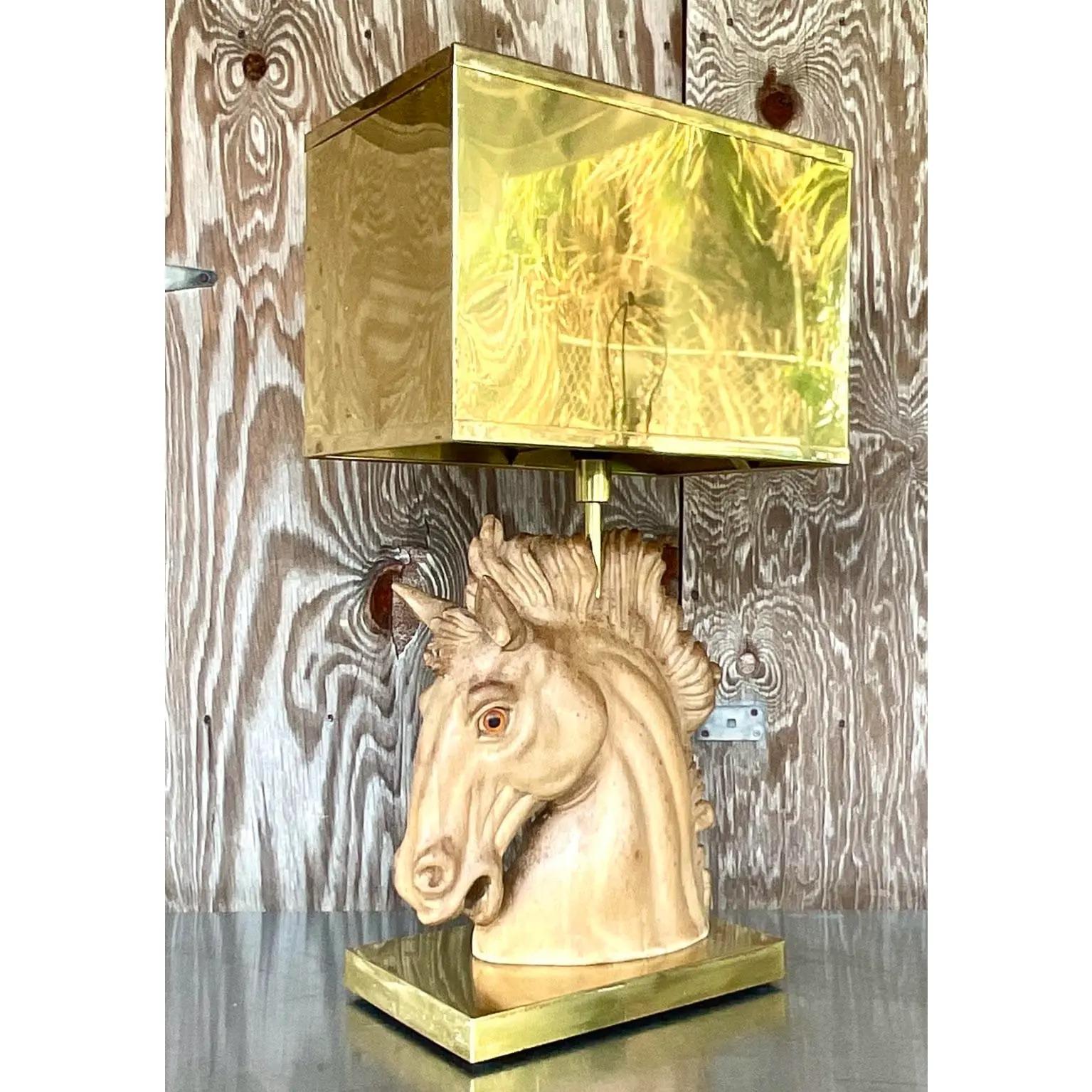 Mid-Century Modern Vintage MCM Signed Wooden Horse Lamp With Brass Shade