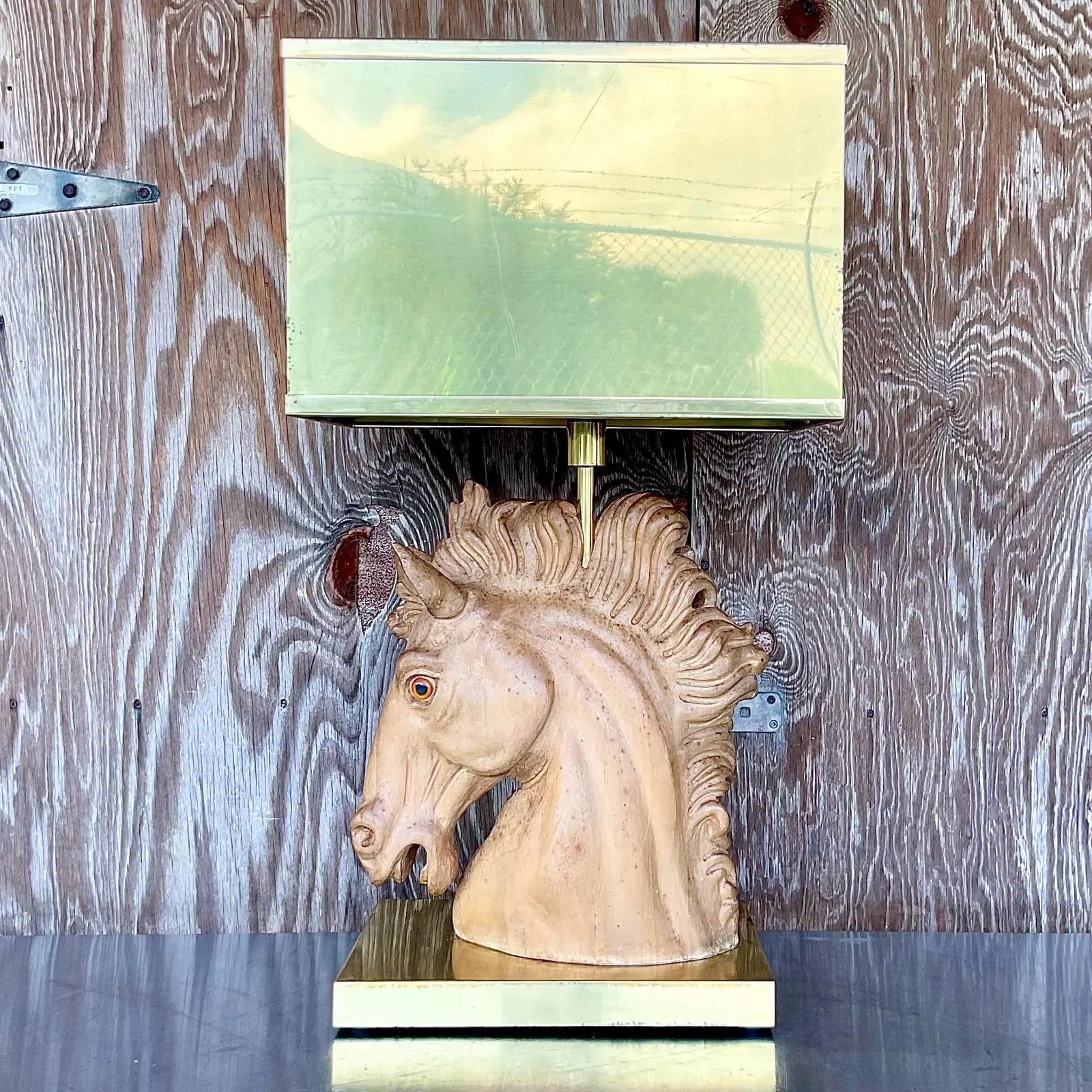 North American Vintage MCM Signed Wooden Horse Lamp With Brass Shade