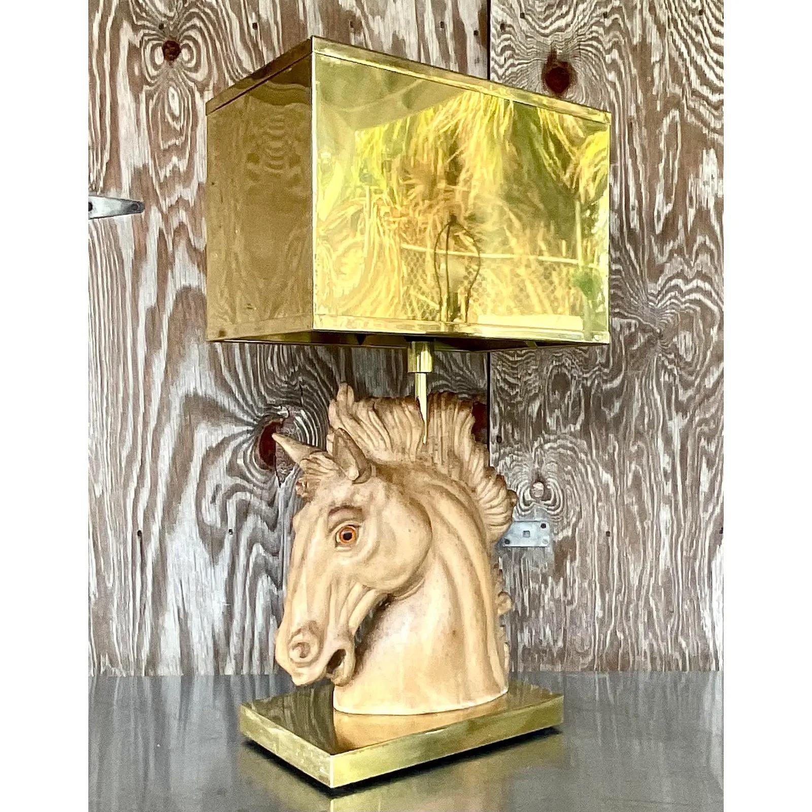 Vintage MCM Signed Wooden Horse Lamp With Brass Shade In Good Condition In West Palm Beach, FL