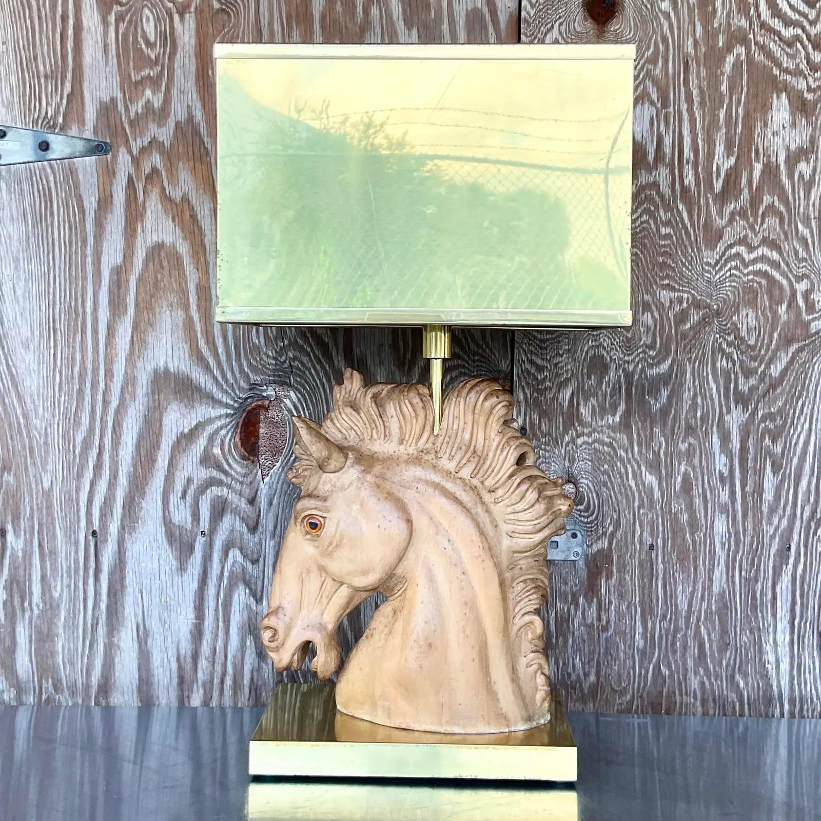20th Century Vintage MCM Signed Wooden Horse Lamp With Brass Shade