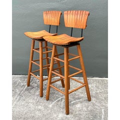 Vintage MCM Slat Swivel Bar Stools After Arthur Umanoff