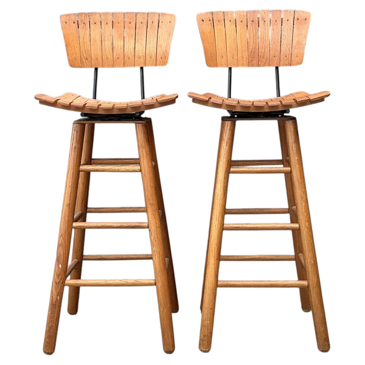 Vintage MCM Slat Swivel Bar Stools After Arthur Umanoff