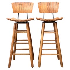 Vintage MCM Slat Swivel Bar Stools After Arthur Umanoff
