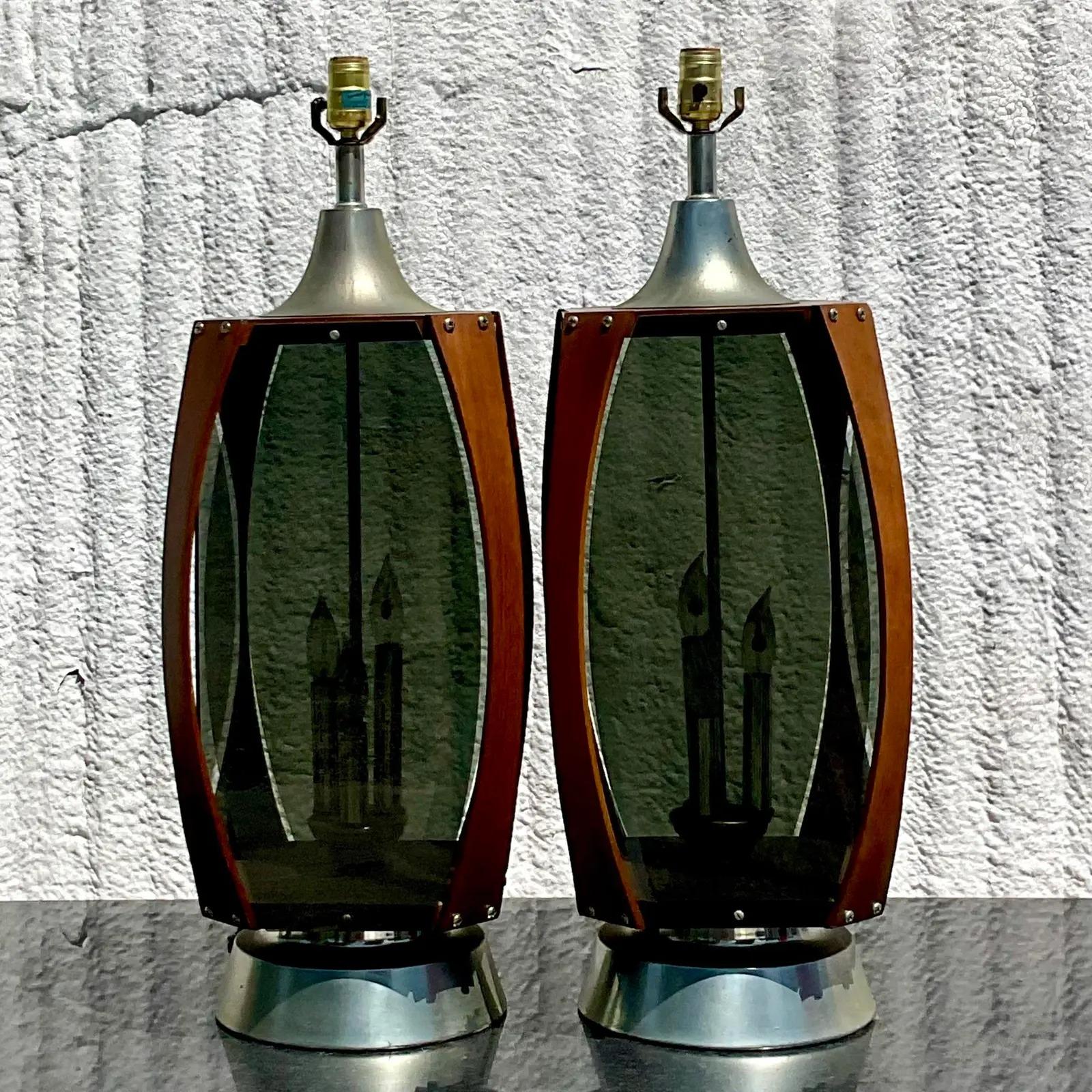 Vintage MCM Smoked Glass Table Lamps, a Pair In Good Condition In west palm beach, FL