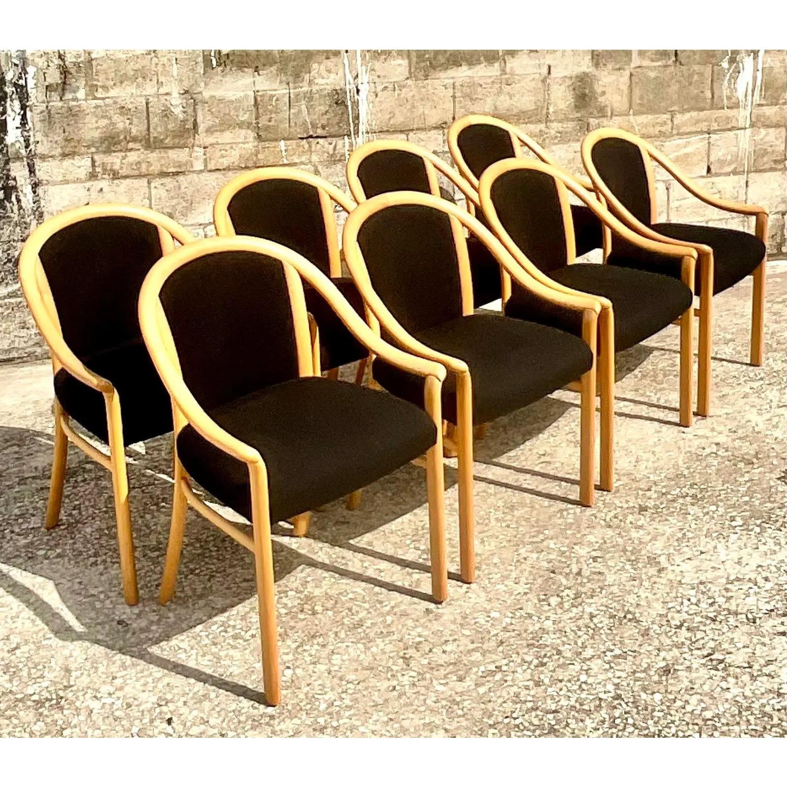 Fantastic set of vintage MCM dining chairs. Made by the iconic Stendig company. Beautiful blonde wood with a black tweed upholstered seat. Chic and simple design. Acquired from a Palm Beach estate.