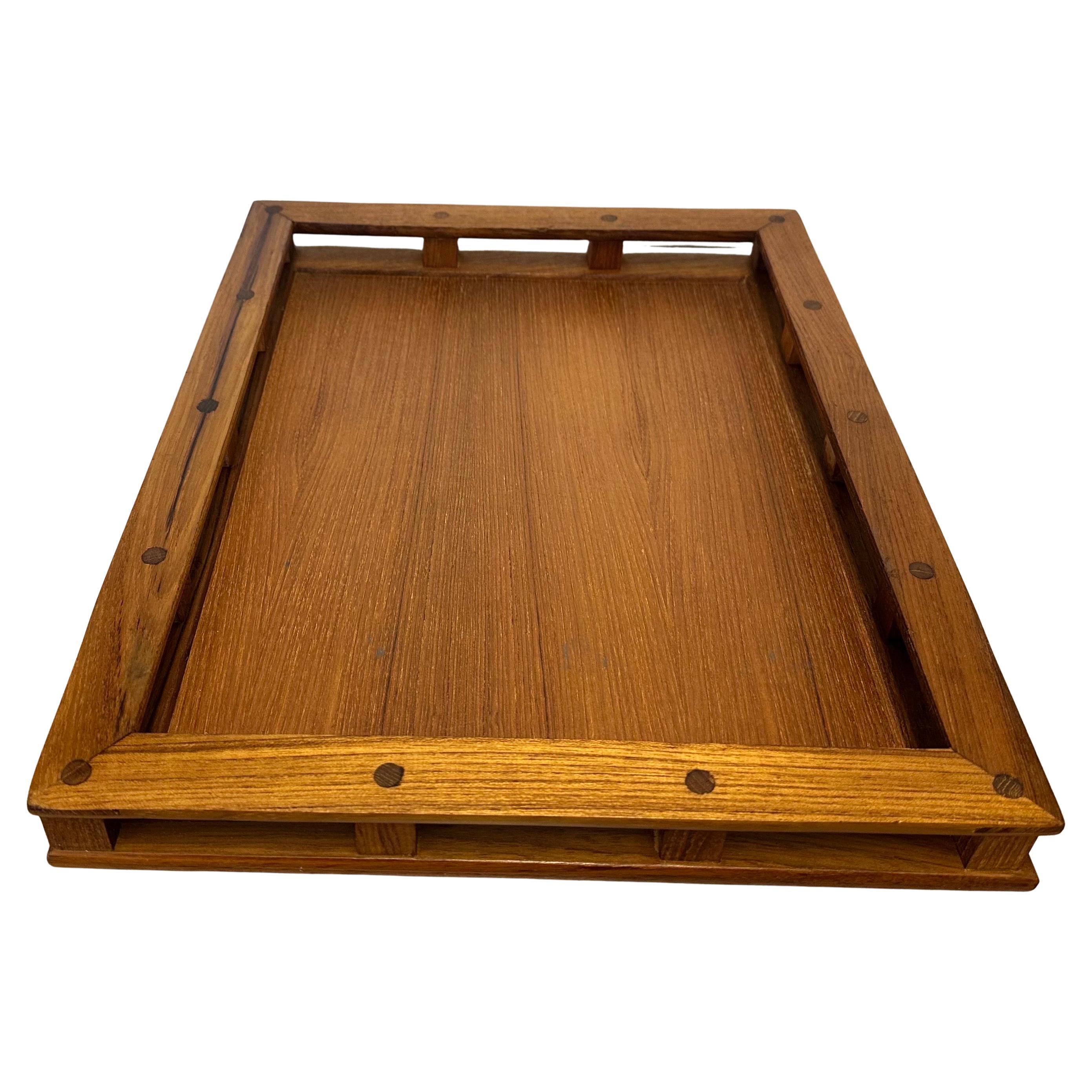 Hand-Crafted Vintage MCM Teak Serving Tray with Rails by Dansk For Sale