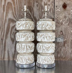 Vintage MCM Textured Ring Table Lamps - a Pair