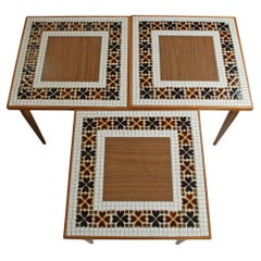 Vintage MCM Ceramic Tile and Faux Wood Formica Nesting Tables, Set of 3