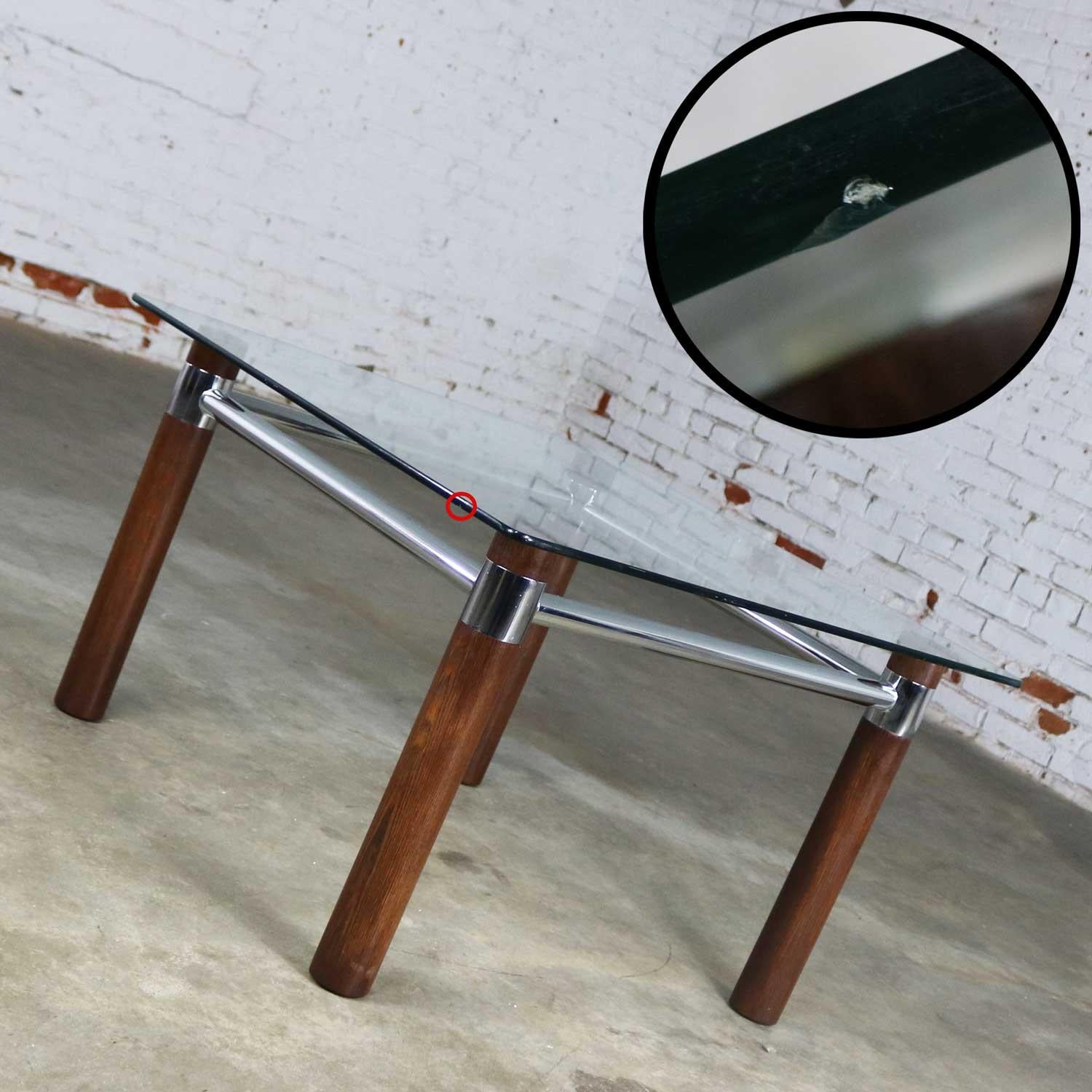 Vintage MCM to Modern Cylindrical Oak Legged Chrome & Glass Square End Table For Sale 2