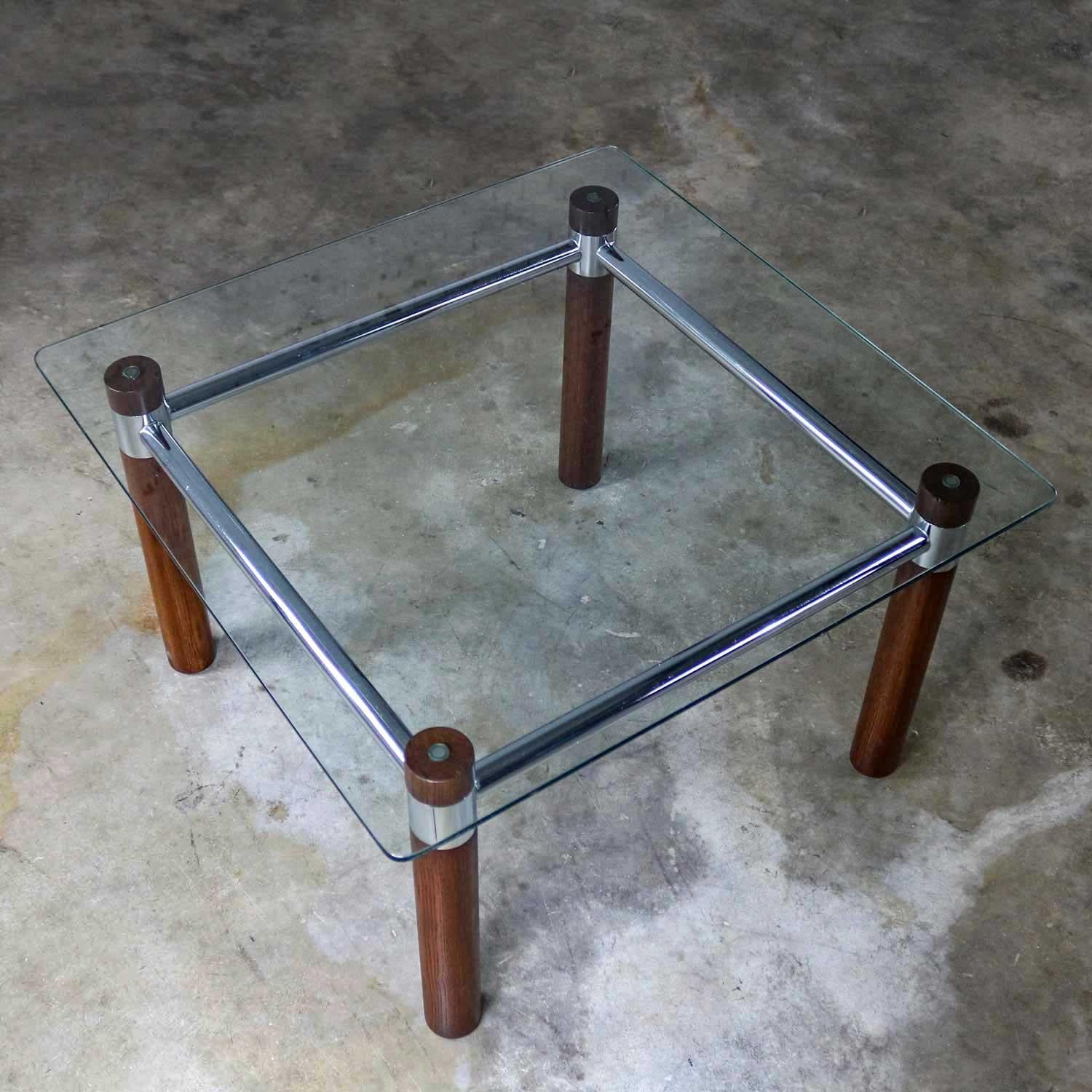 Vintage MCM to Modern Cylindrical Oak Legged Chrome & Glass Square End Table For Sale 3