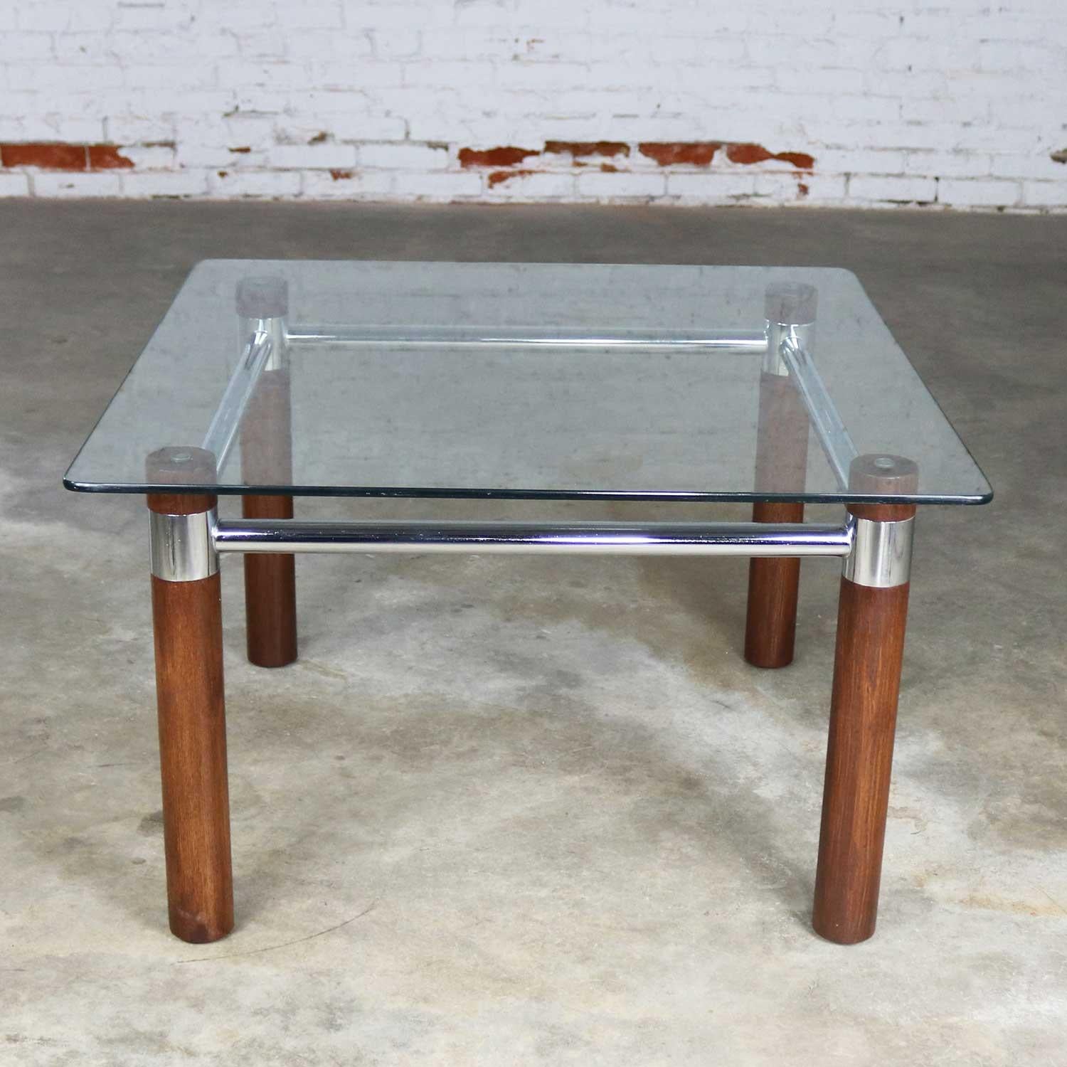 Vintage MCM to Modern Cylindrical Oak Legged Chrome & Glass Square End Table For Sale 4