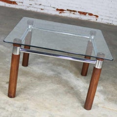 Vintage MCM to Modern Cylindrical Oak Legged Chrome & Glass Square End Table