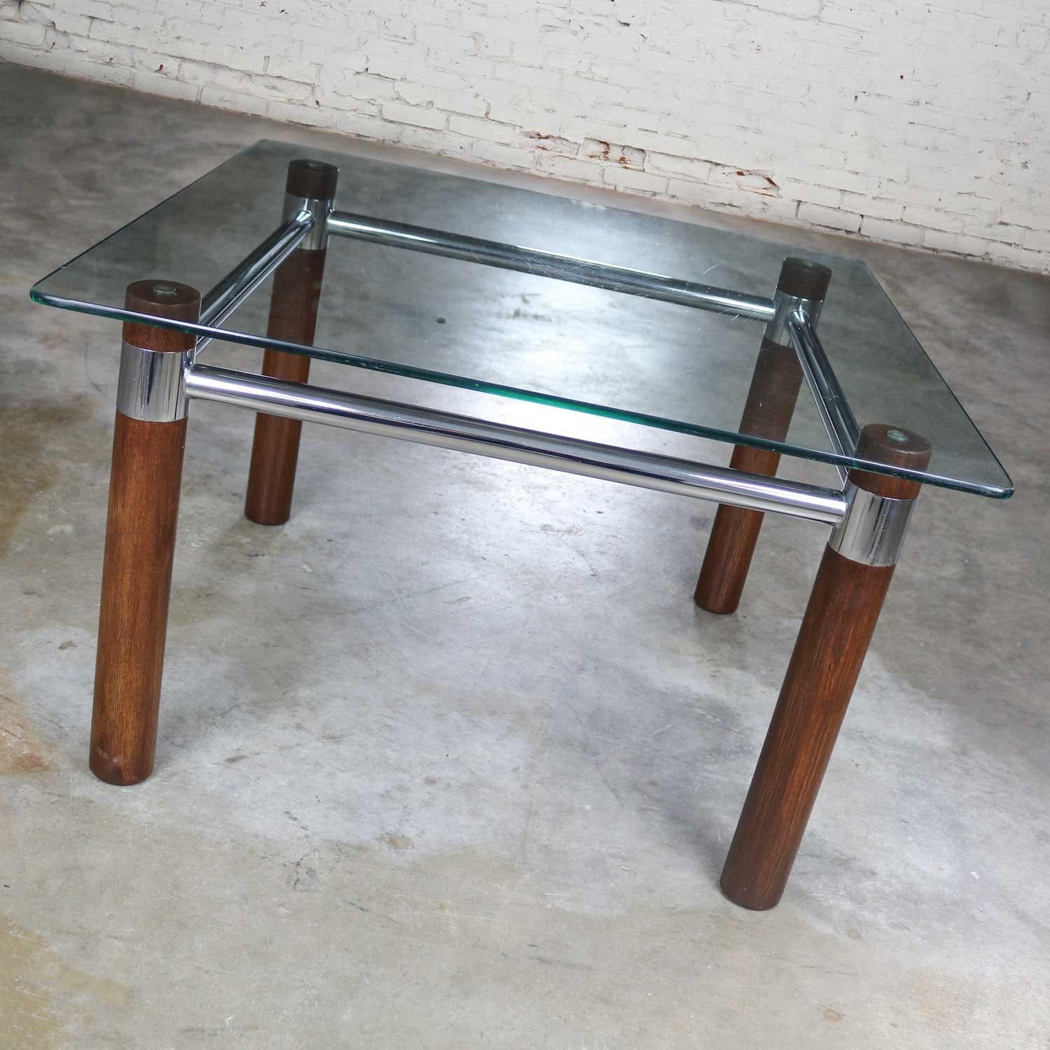 Vintage MCM to Modern Cylindrical Oak Legged Chrome & Glass Square End Table For Sale 1