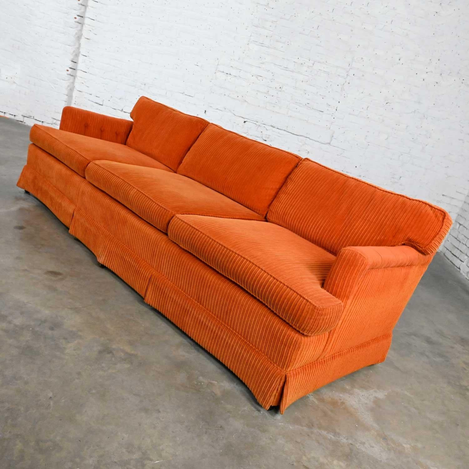 American Vintage MCM to Modern Lawson Style Orange Wide Wale Corduroy Sofa by Drexel