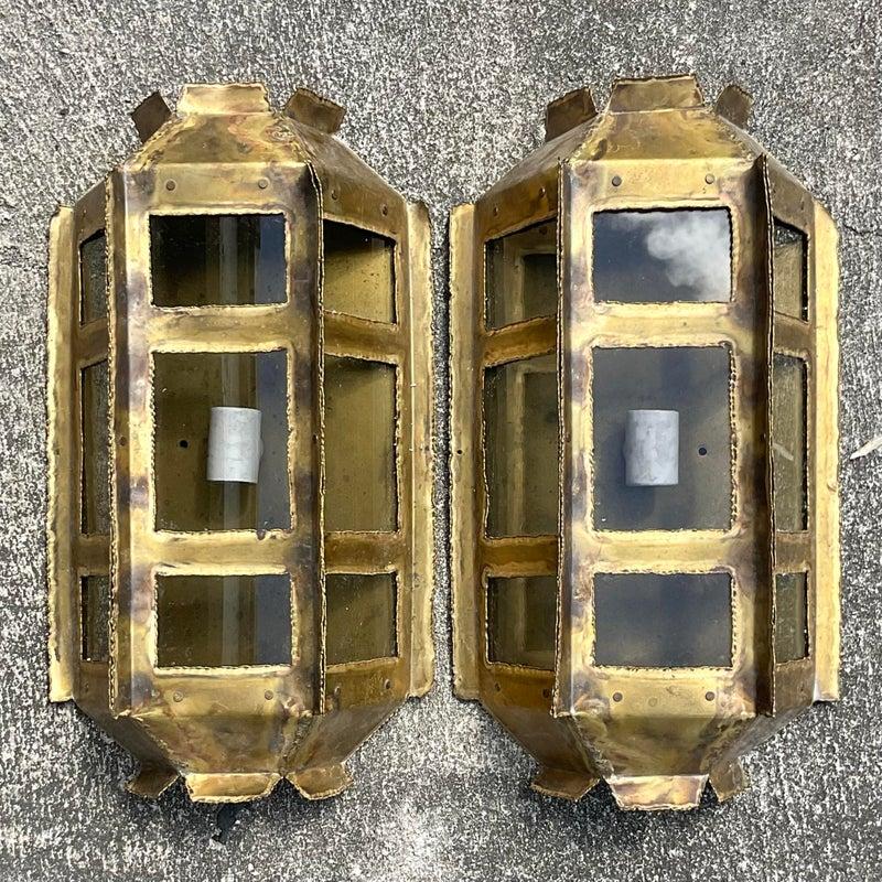 19th Century Vintage MCM Tom Greene for Feldman Brutalist Wall Sconces- a Pair For Sale