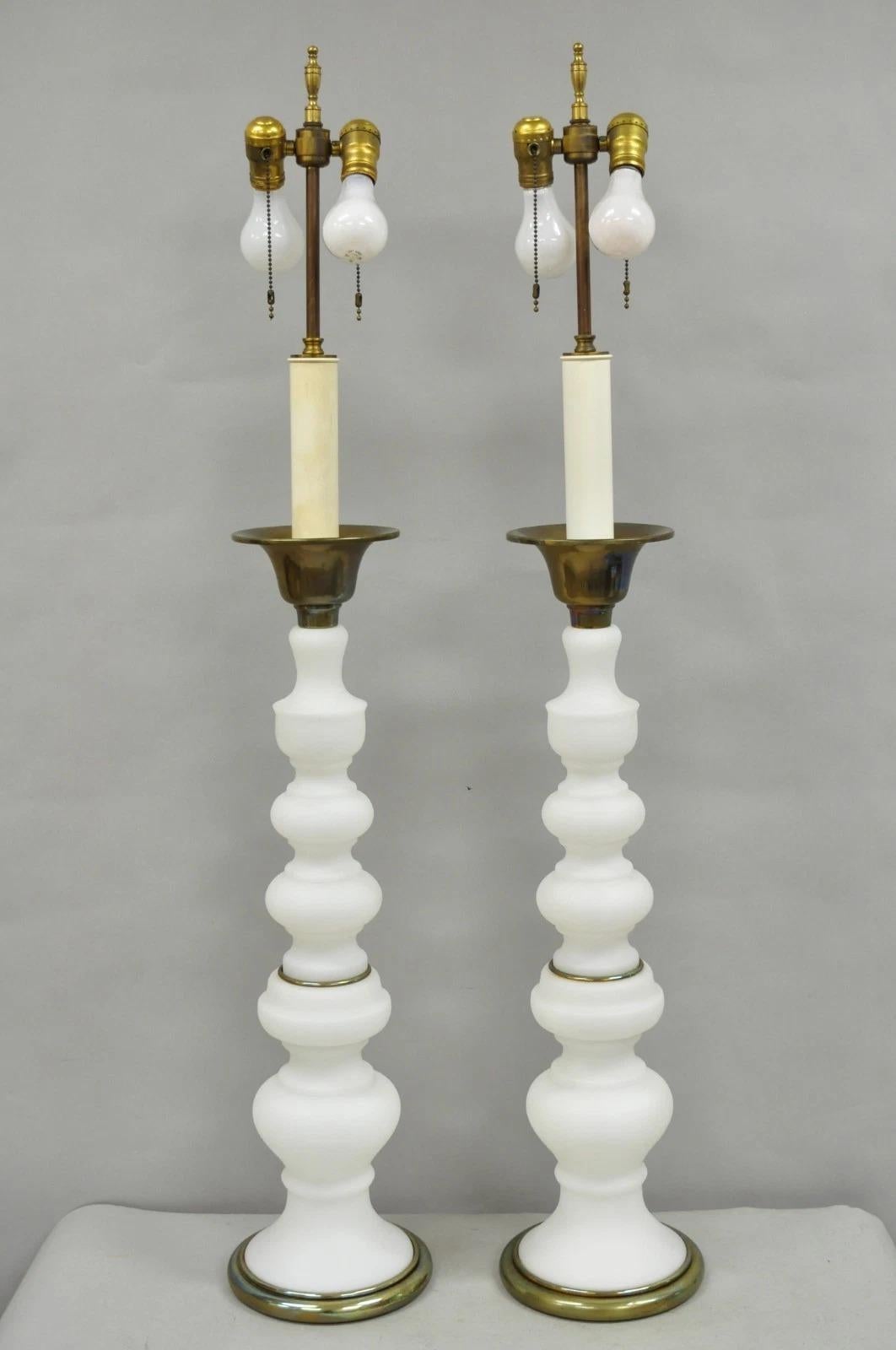 Vintage MCM Tommi Parzinger Style Tall White Frosted Glass Table Lamps - a Pair For Sale 6