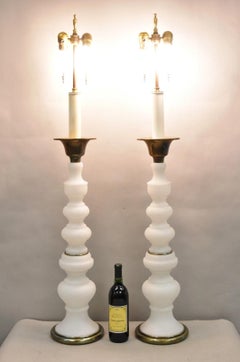 Vintage MCM Tommi Parzinger Style Tall White Frosted Glass Table Lamps - a Pair