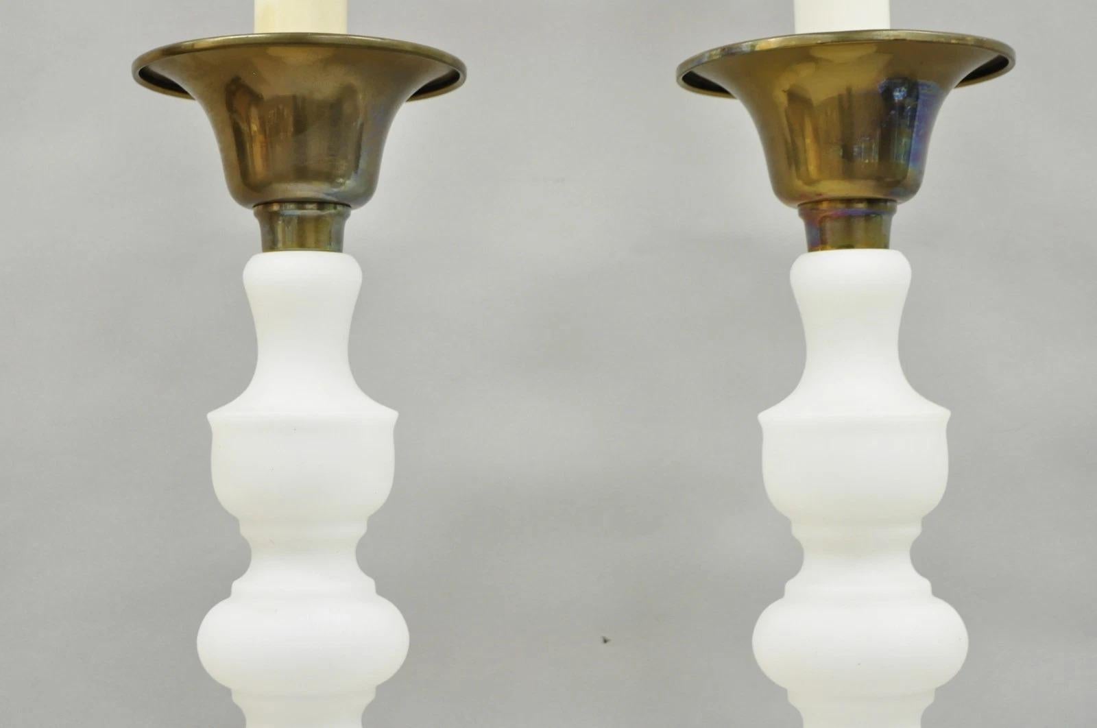 Vintage MCM Tommi Parzinger Style Tall White Frosted Glass Table Lamps - a Pair In Good Condition For Sale In Philadelphia, PA