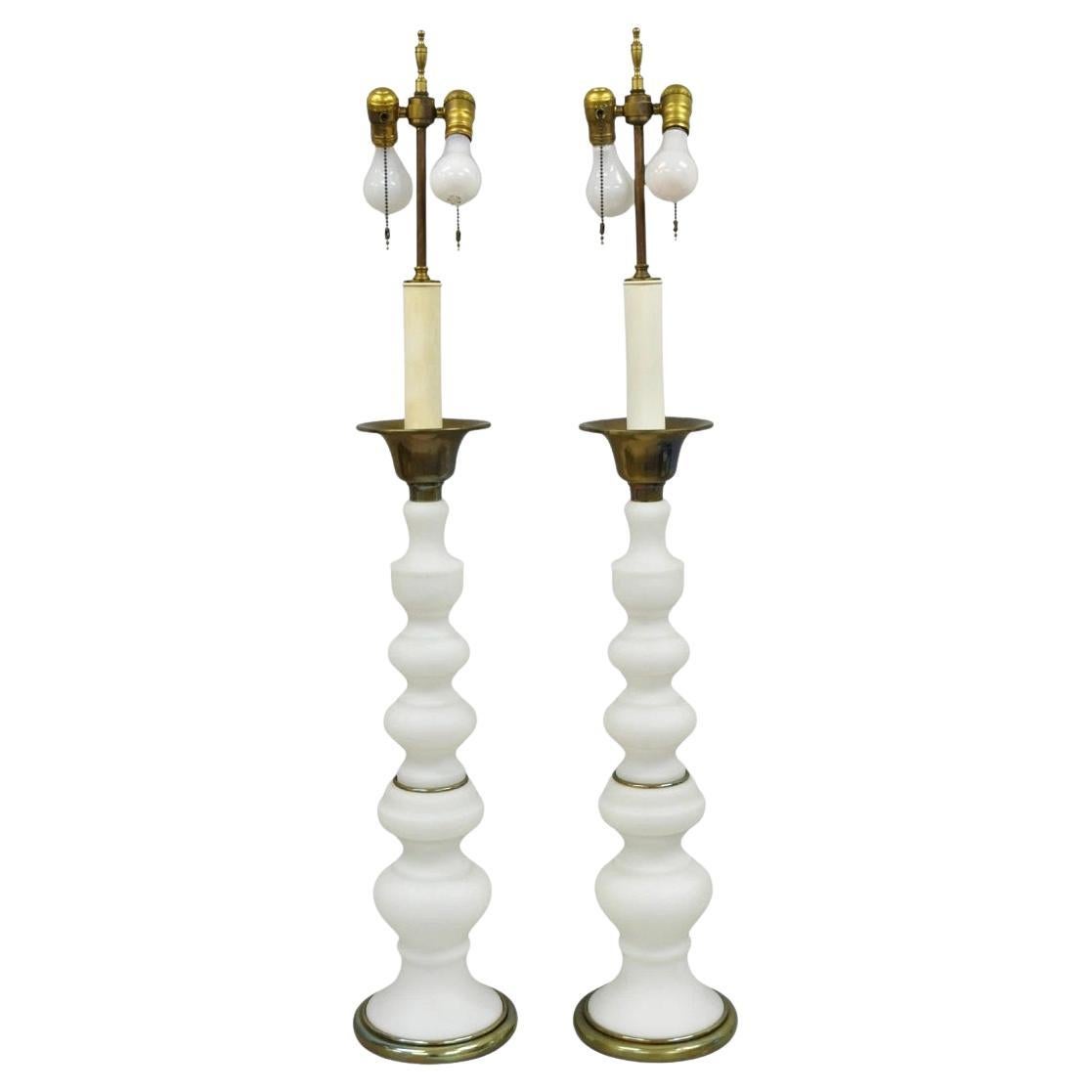 Vintage MCM Tommi Parzinger Style Tall White Frosted Glass Table Lamps - a Pair For Sale