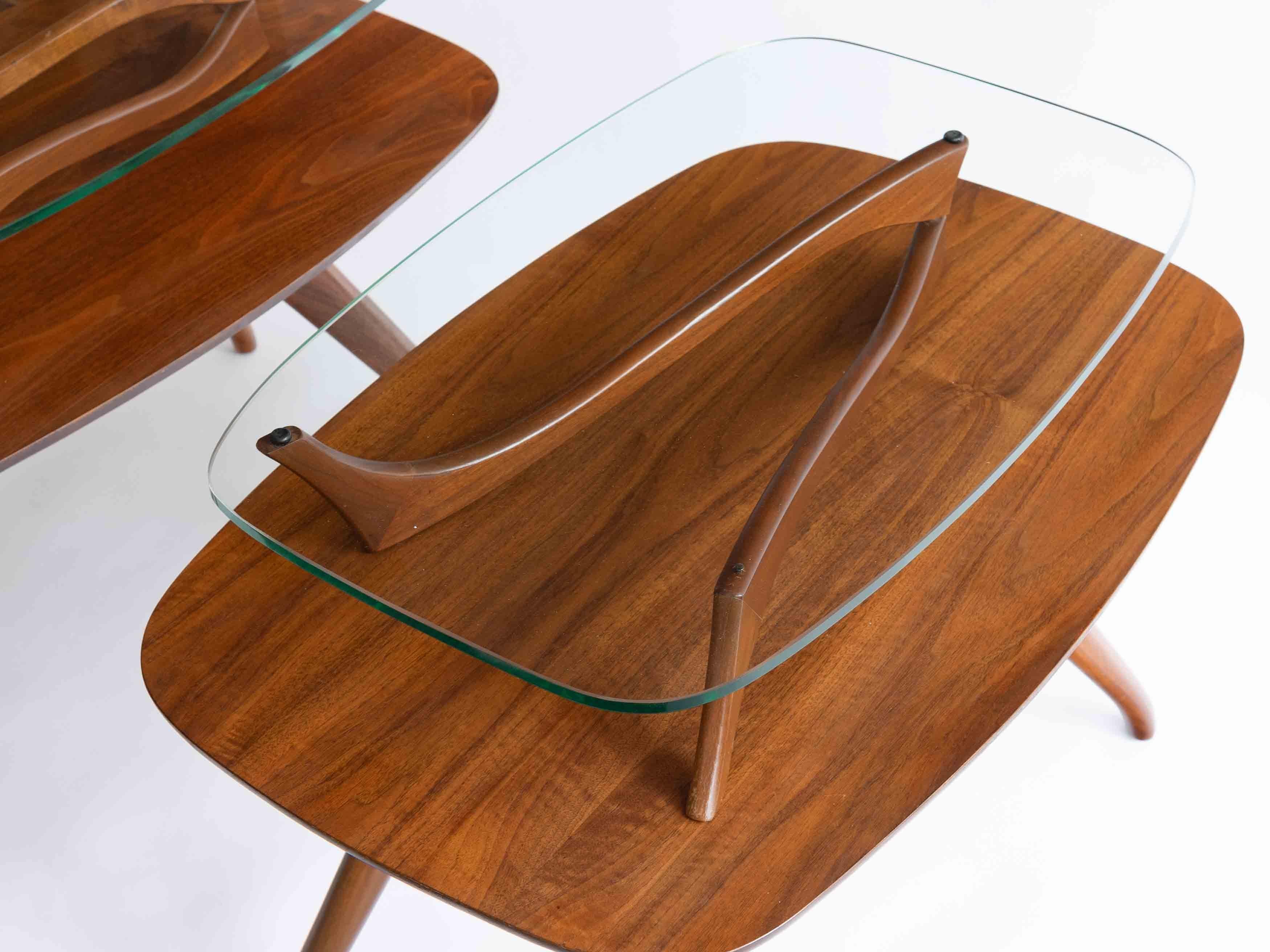 Mid-Century Modern Vintage MCM Vladimir Kagan Style Two-Tier End tables in Walnut and Glass