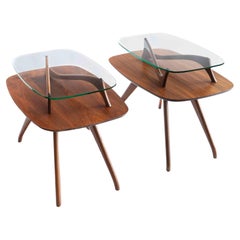 Vintage MCM Vladimir Kagan Style Two-Tier End tables in Walnut and Glass
