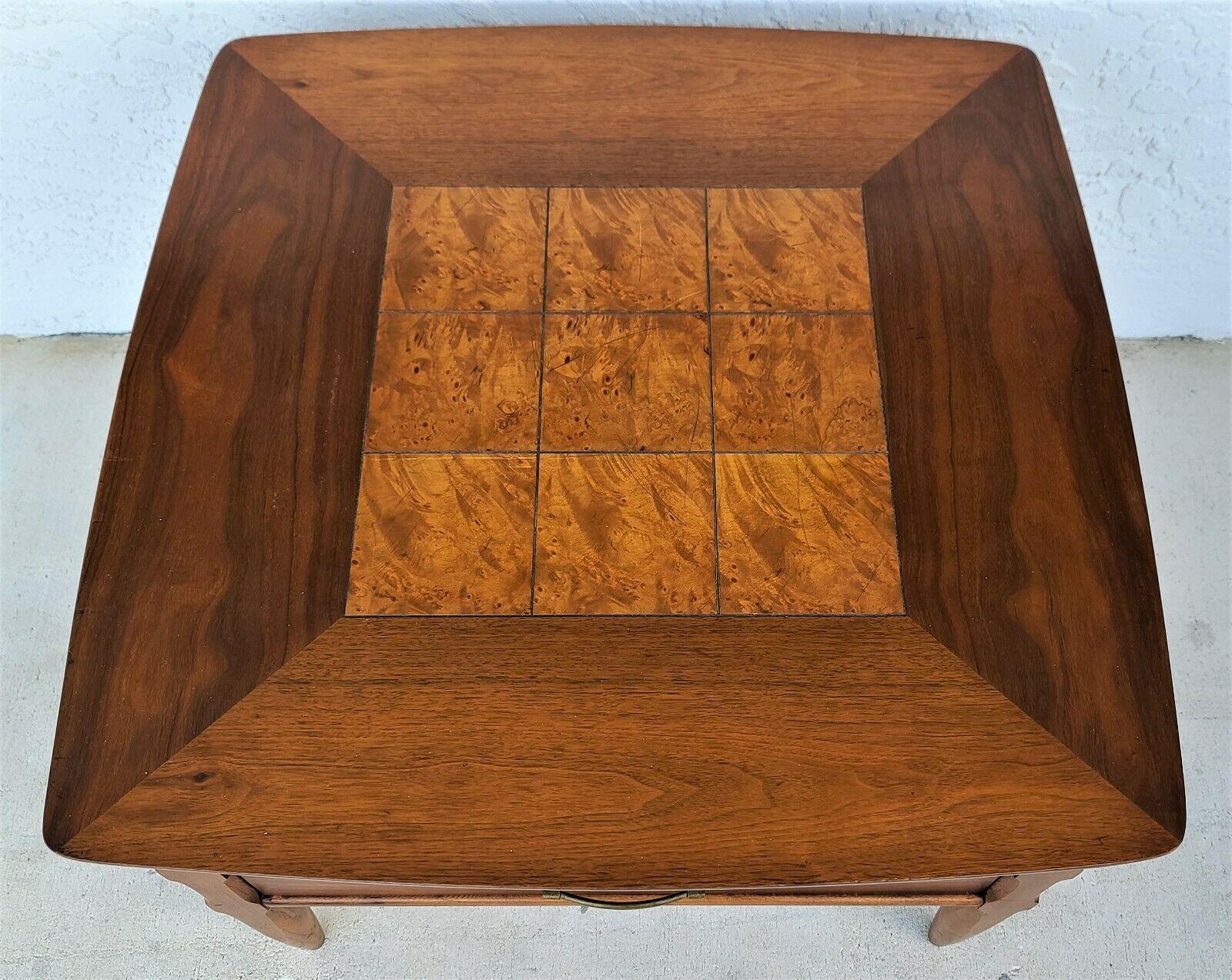 Offering one of our recent palm beach estate fine furniture acquisitions of A 
Vintage Lane MCM Walnut and Burl Side End with Table 2 Drawers 
Pretty sure it's model number 1923.

Approximate Measurements in Inches
20.25