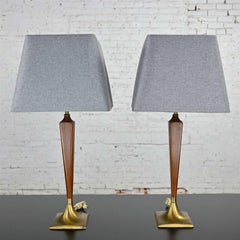 Vintage MCM Walnut & Brass Plate Pair of Lamps New Gray Square Tapered Shades