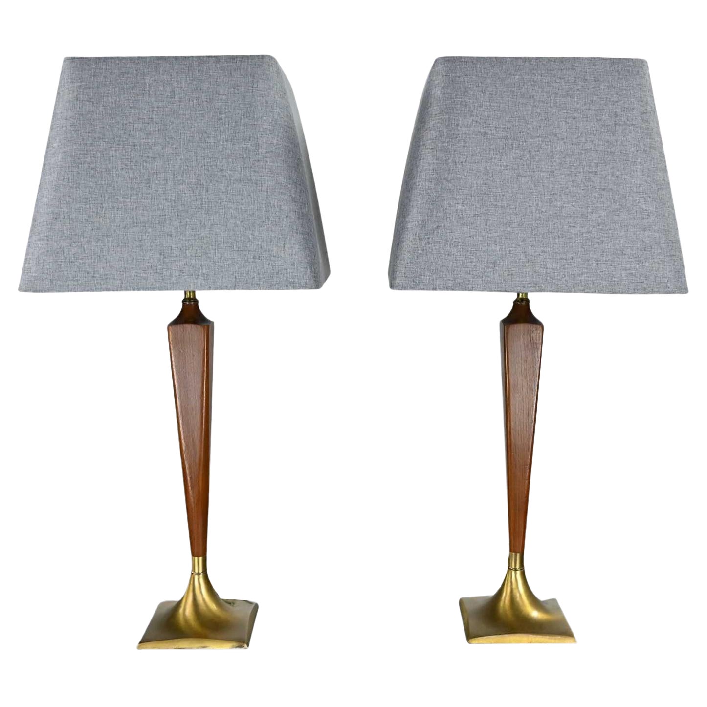 Vintage MCM Walnut 
Brass Plate Pair of Lamps New Gray Square Tapered Shades