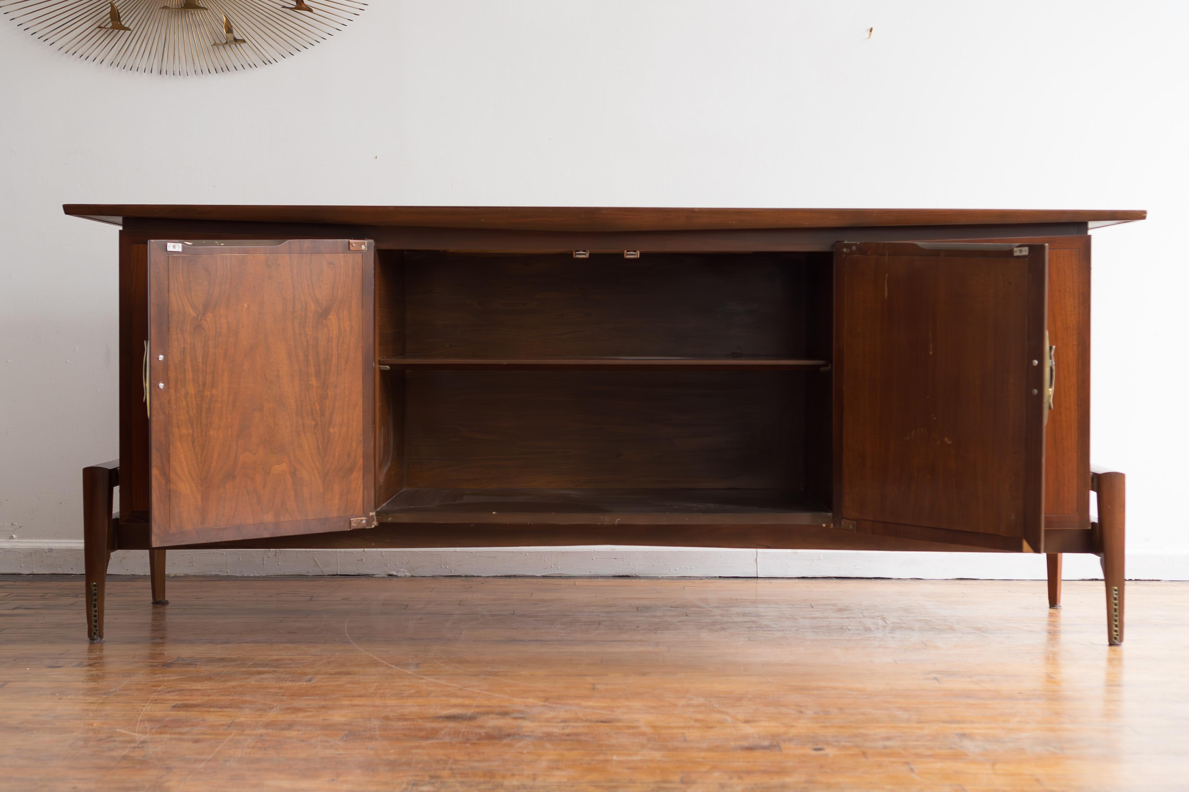 Brass Vintage MCM Walnut Credenza by Helen Hobey for Baker Furniture