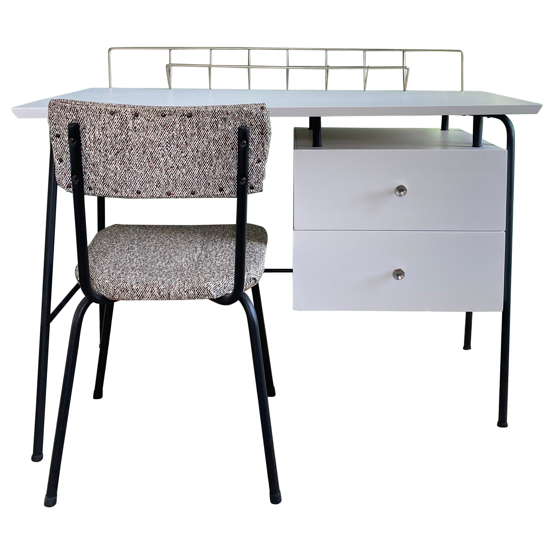Vintage Mcm White Lacquer Jamestown Trapezoid Desk With Upholstered Chair