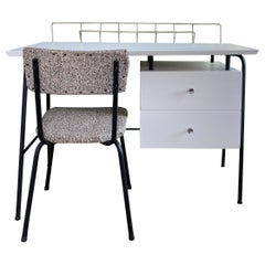 Vintage Mcm White Lacquer Jamestown Trapezoid Desk With Upholstered Chair