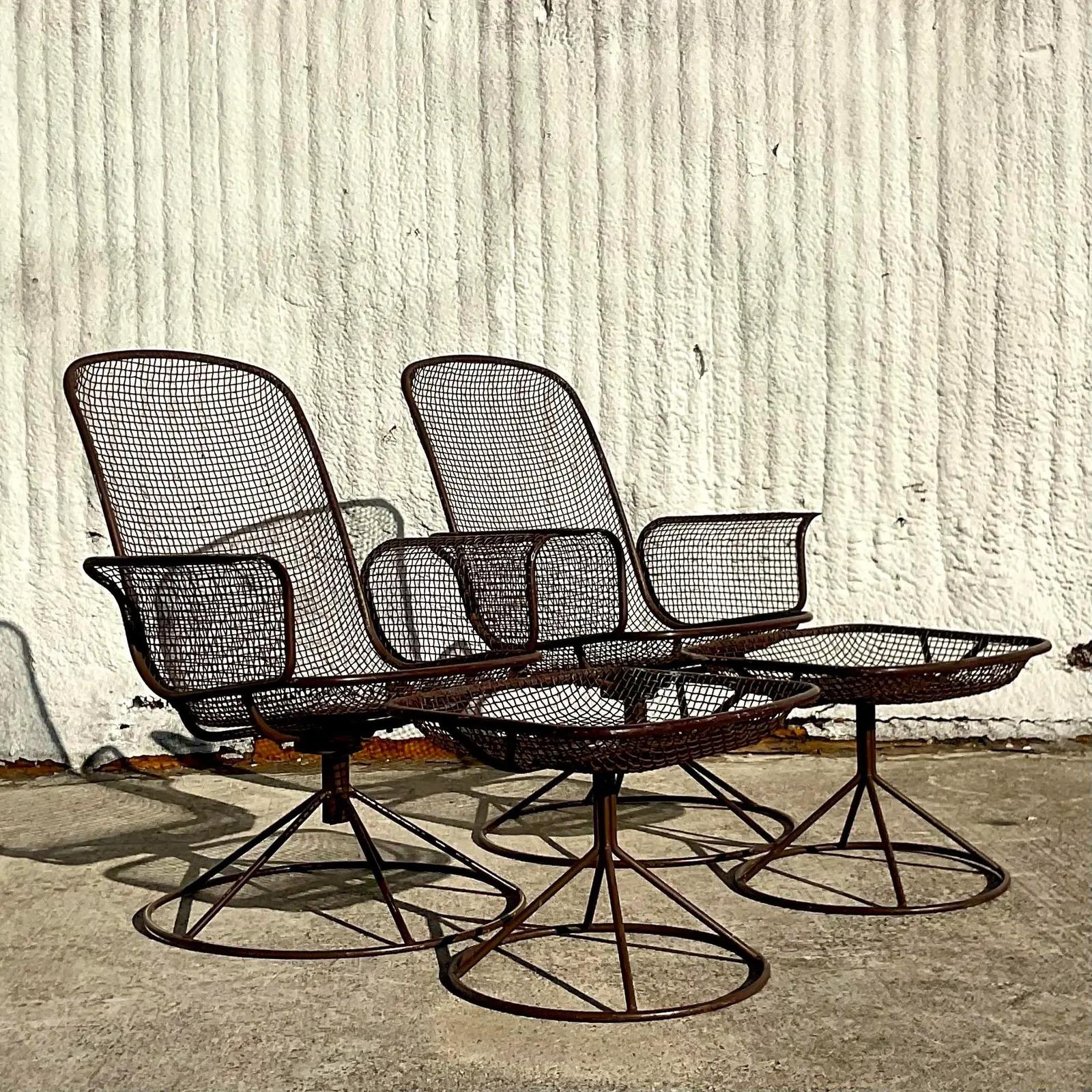 Mid-Century Modern Vintage MCM Wire Mesh Swivel Chairs and Ottomans After Woodard - Set of 4 For Sale