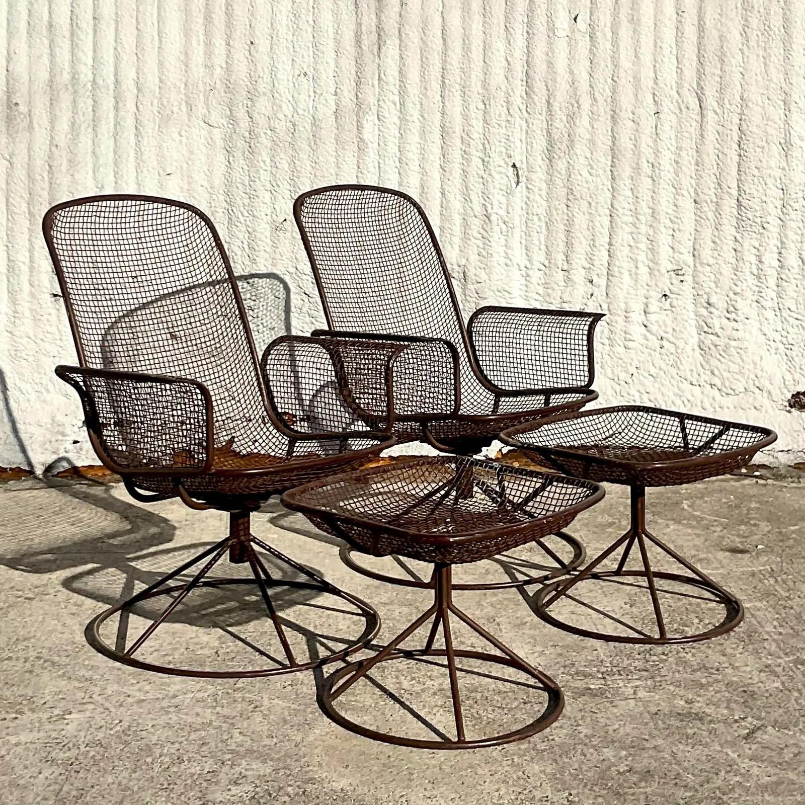 North American Vintage MCM Wire Mesh Swivel Chairs and Ottomans After Woodard - Set of 4 For Sale