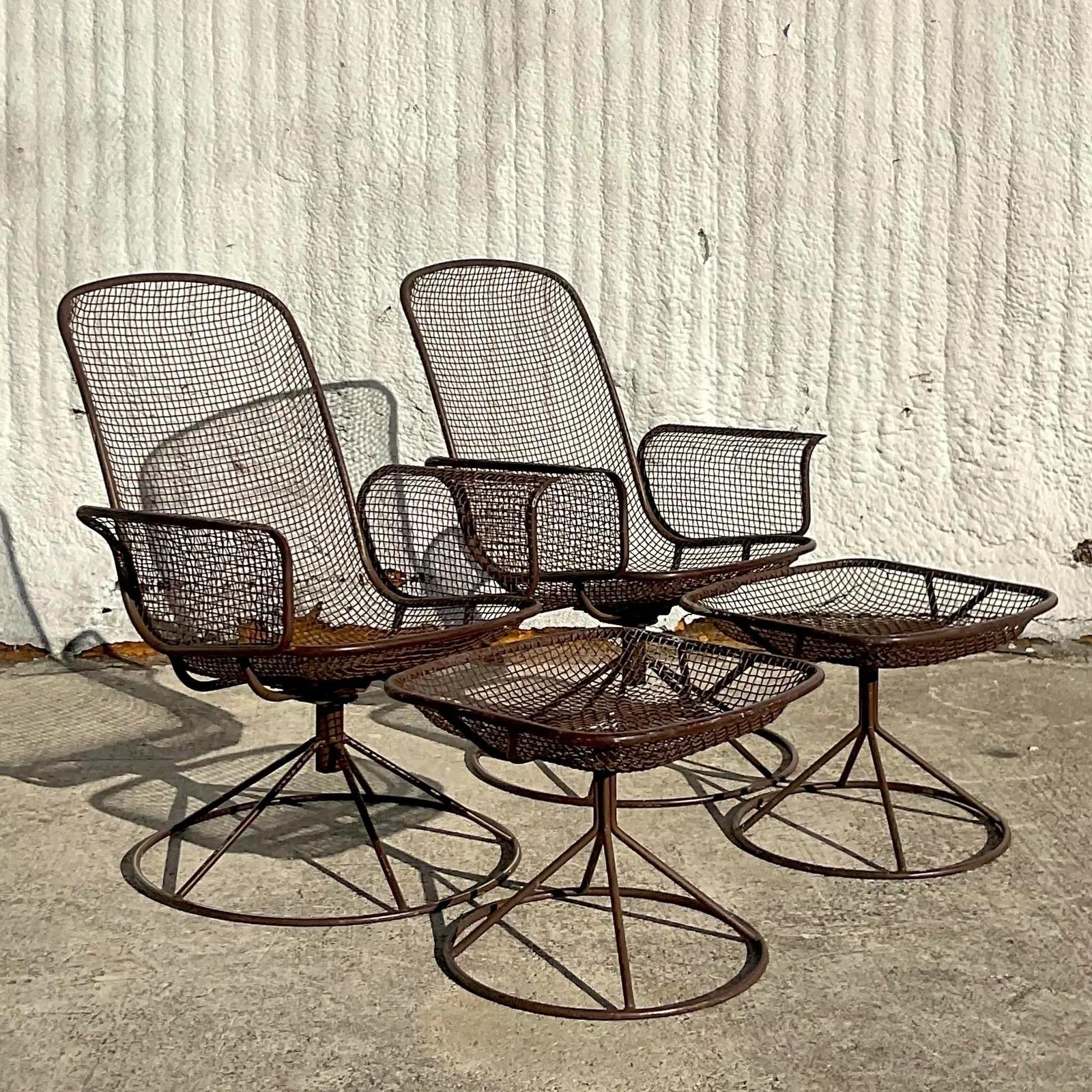 20th Century Vintage MCM Wire Mesh Swivel Chairs and Ottomans After Woodard - Set of 4 For Sale