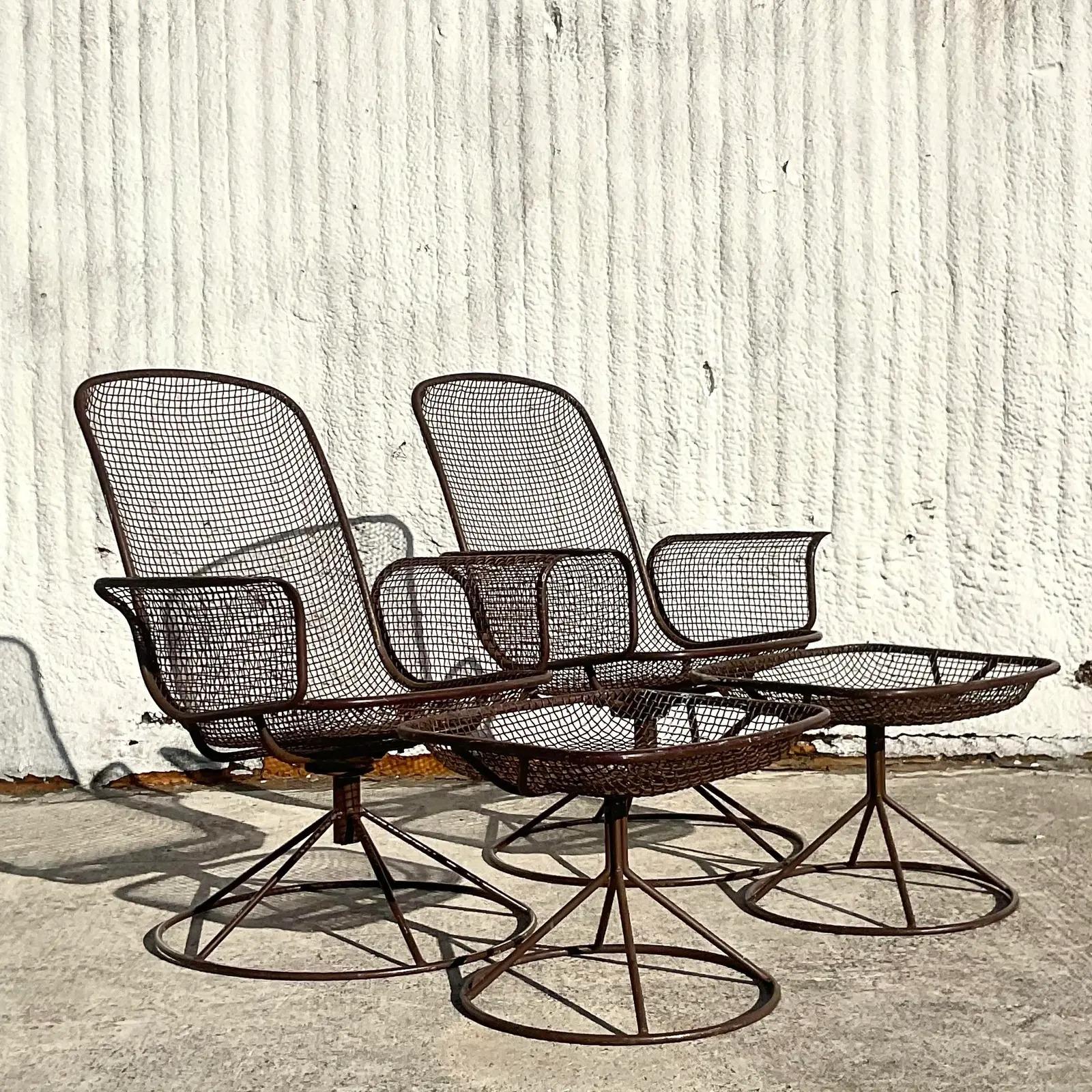 20th Century Vintage MCM Wire Mesh Swivel Chairs and Ottomans After Woodard - Set of 4