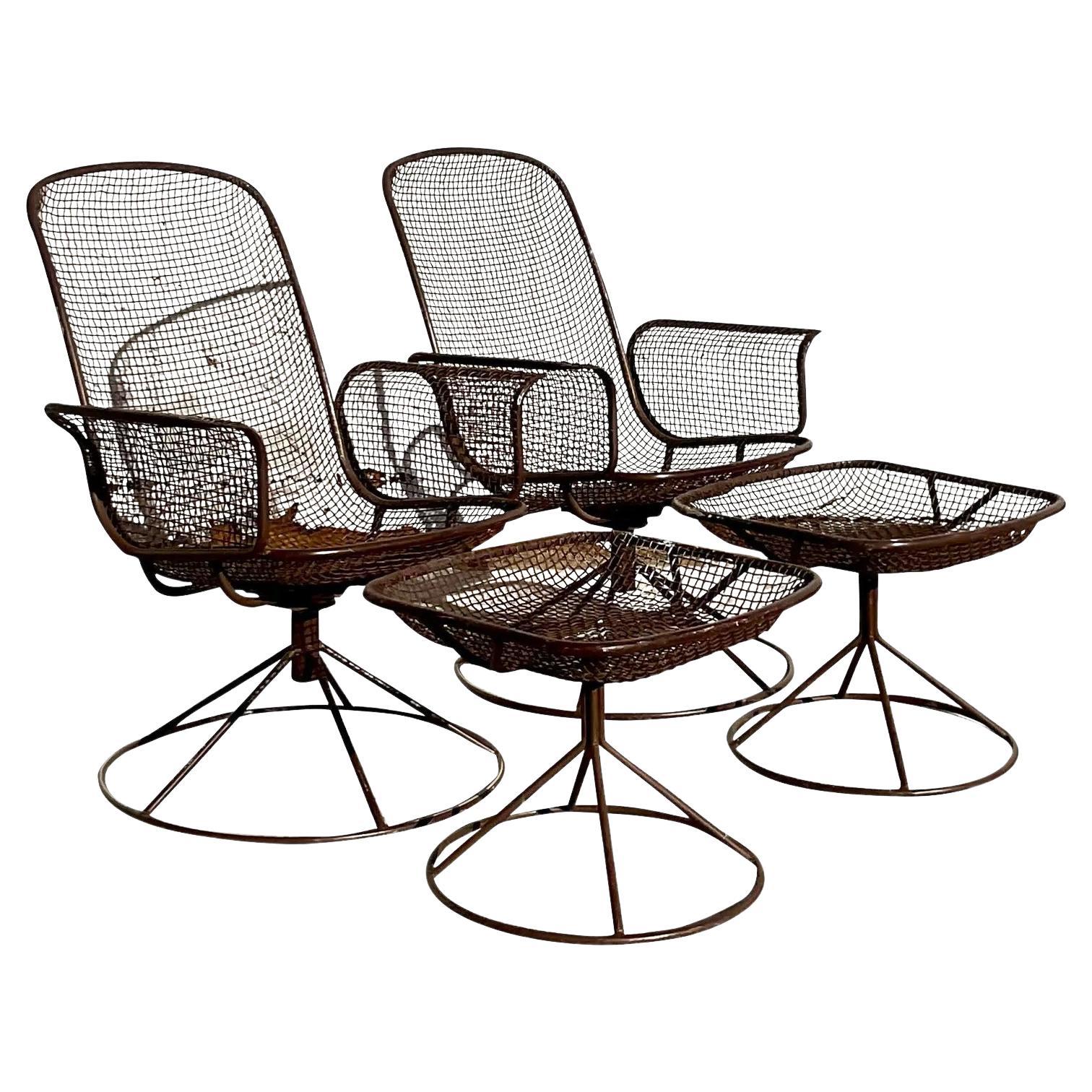 Vintage Mcm Wire Mesh Swivel Chairs and Ottomans After Woodard, Set of 4
