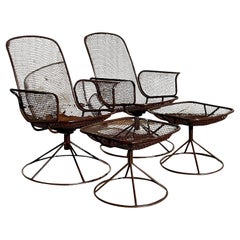 Retro Mcm Wire Mesh Swivel Chairs and Ottomans After Woodard, Set of 4