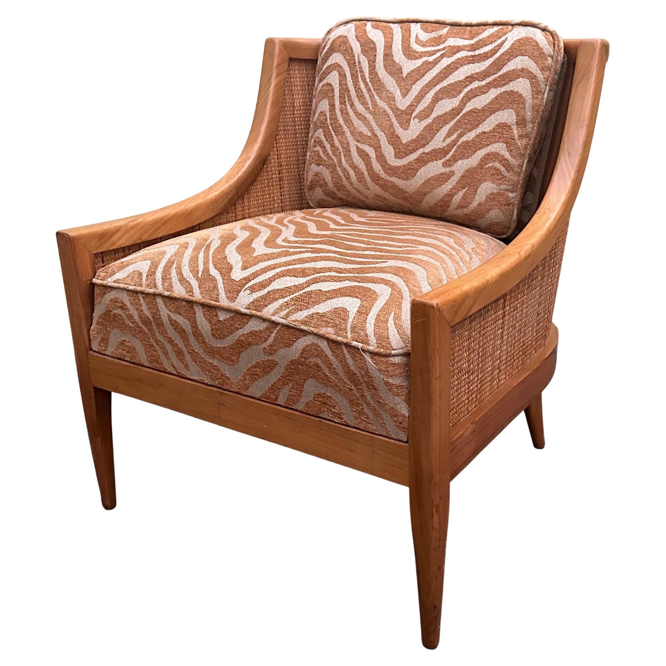 Vintage MCM Wood and Cane Lounge Chair with Zebra Chenille Upholstery