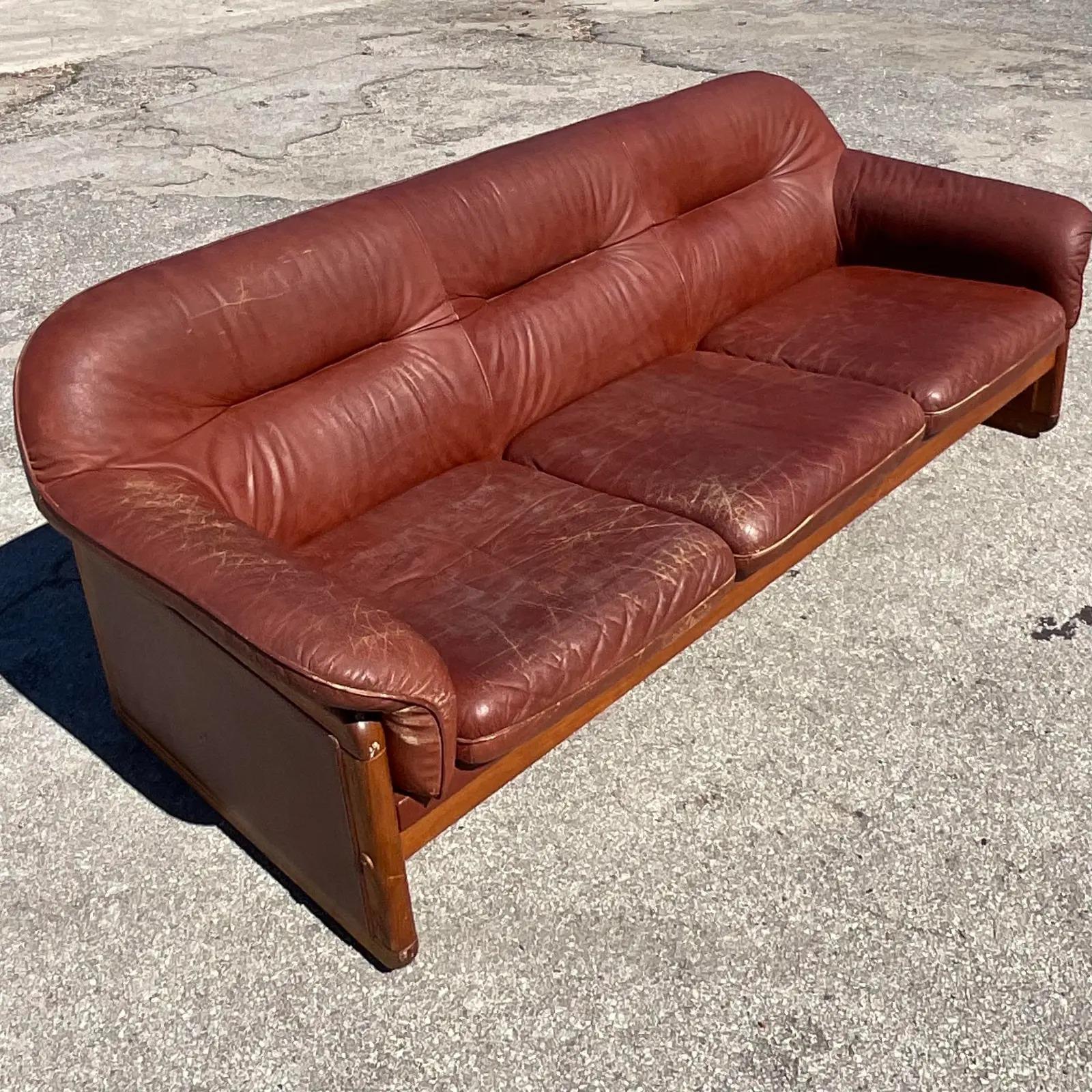 Vintage MCM Wood Trimmed Leather Sofa 1