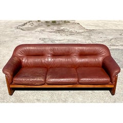 Vintage MCM Wood Trimmed Leather Sofa